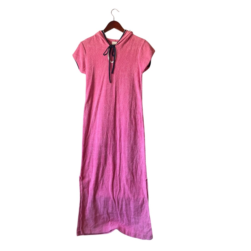 Vintage 70s Pink Terry Cloth Hooded Maxi Dress Beach Coverup Small